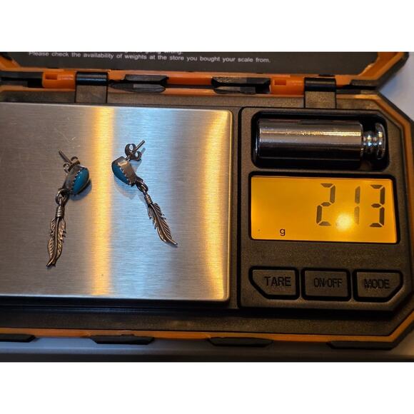 Sterling Silver & Turquoise Feather Dangle Earrings 1.5" - Picture 3 of 10